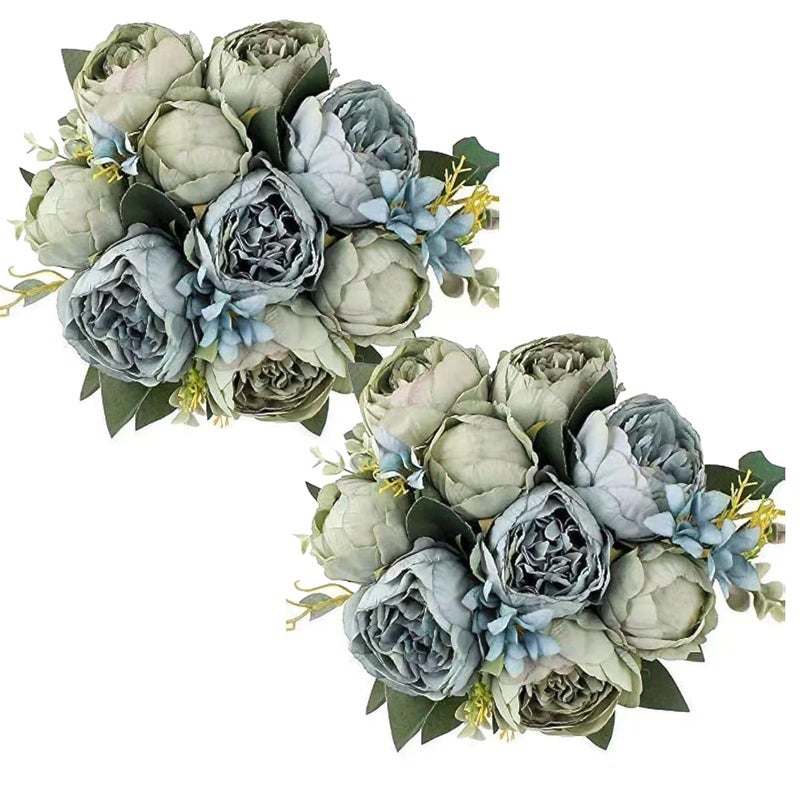 Louiesya 2 Packs of Artificial Peony Flowers Silk Peonies Fake Flower Bouquet Arrangements for Home Wedding Party Decoration (Blue Greenï¼Œ2 Packs) - Image 1
